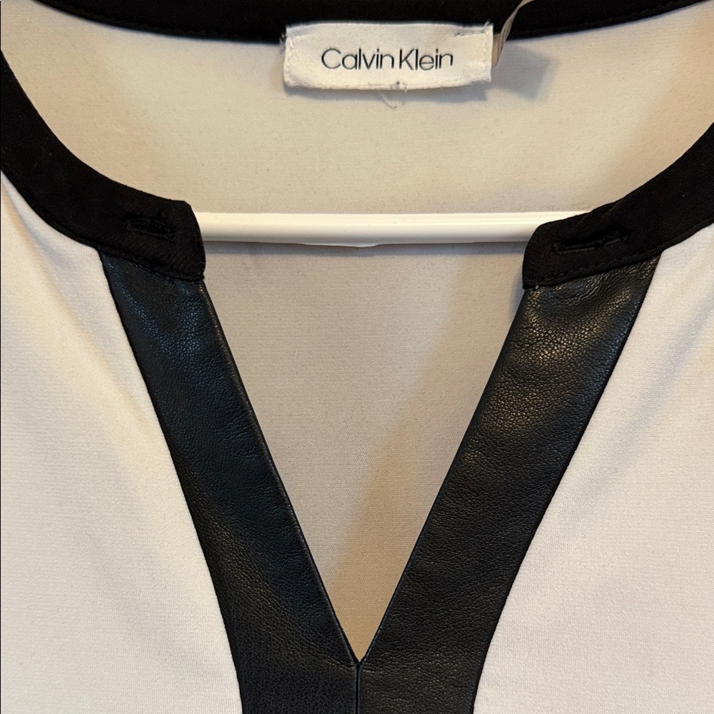 Calvin Klein Faux Black Leather V Neck Beige Blouse - Picture 5 of 12